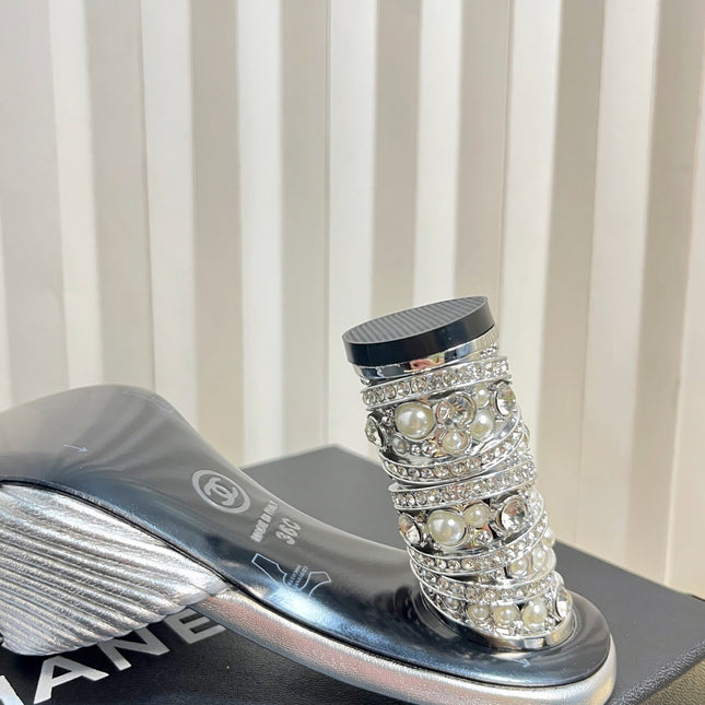 CHANEL 26S EMBELLISHED HEELED SANDALS 80 MM IN SILVER LAMBSKIN