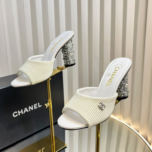 CHANEL 26S EMBELLISHED HEELED SANDALS 80 MM IN WHITE LAMBSKIN