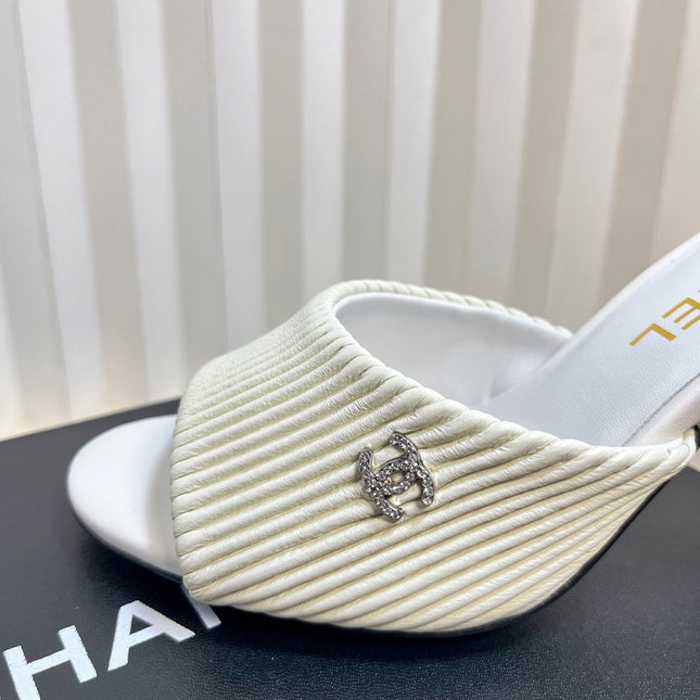 CHANEL 26S EMBELLISHED HEELED SANDALS 80 MM IN WHITE LAMBSKIN