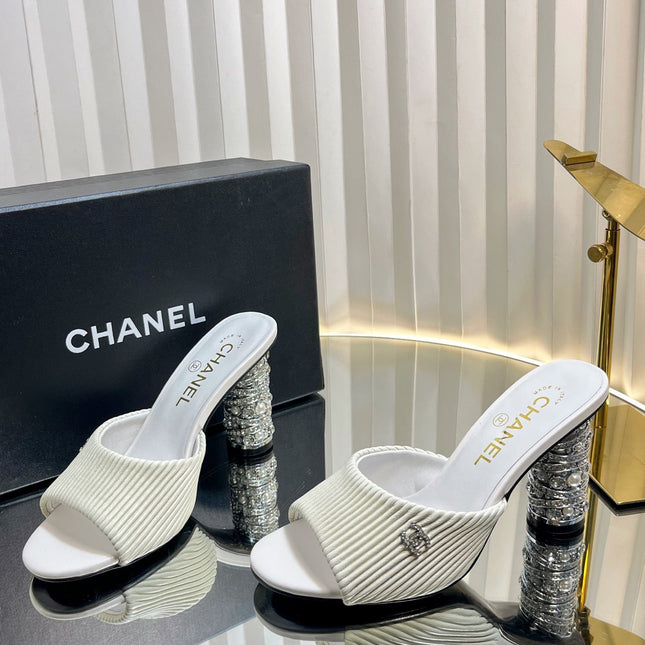 CHANEL 26S EMBELLISHED HEELED SANDALS 80 MM IN WHITE LAMBSKIN