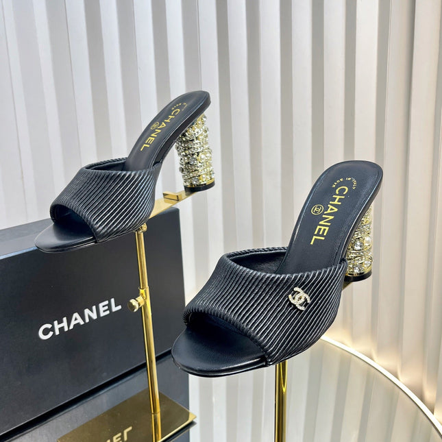 CHANEL 26S EMBELLISHED HEELED SANDALS 80 MM IN BLACK LAMBSKIN