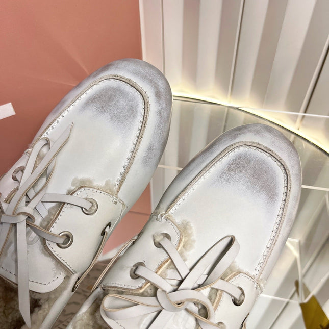 MIUMIU 26S FUR BOAT SHOES IN LIGHT GRAY CALFSKIN