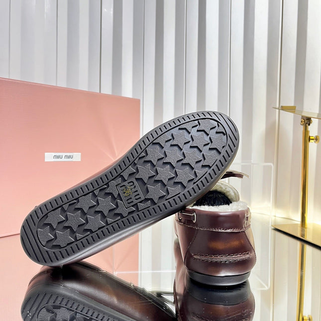 MIUMIU 26S FUR BOAT SHOES IN BROWN CALFSKIN
