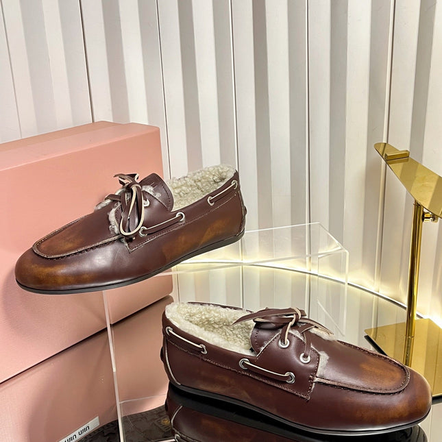 MIUMIU 26S FUR BOAT SHOES IN BROWN CALFSKIN