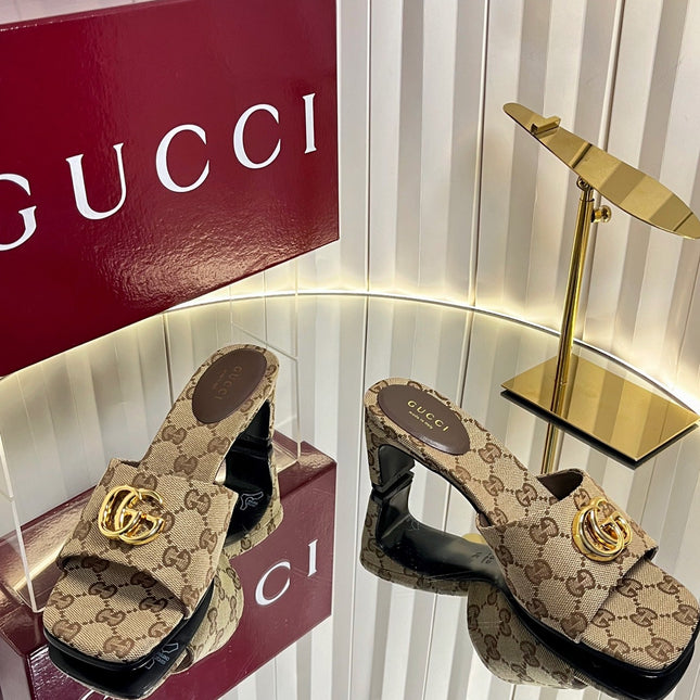 GUCCI 26S HIGH-HEELED SANDALS 45 MM IN WARM BEIGE CANVAS