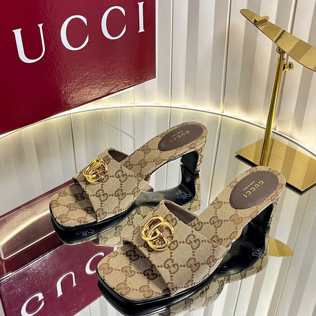 GUCCI 26S HIGH-HEELED SANDALS 45 MM IN WARM BEIGE CANVAS