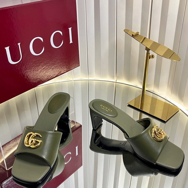 GUCCI 26S HIGH-HEELED SANDALS 45 MM IN MOSS GREEN CALFSKIN
