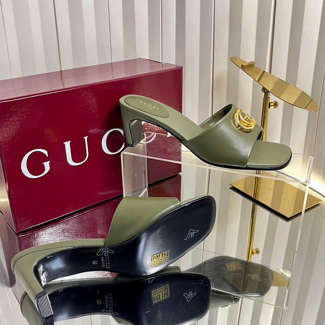 GUCCI 26S HIGH-HEELED SANDALS 45 MM IN MOSS GREEN CALFSKIN
