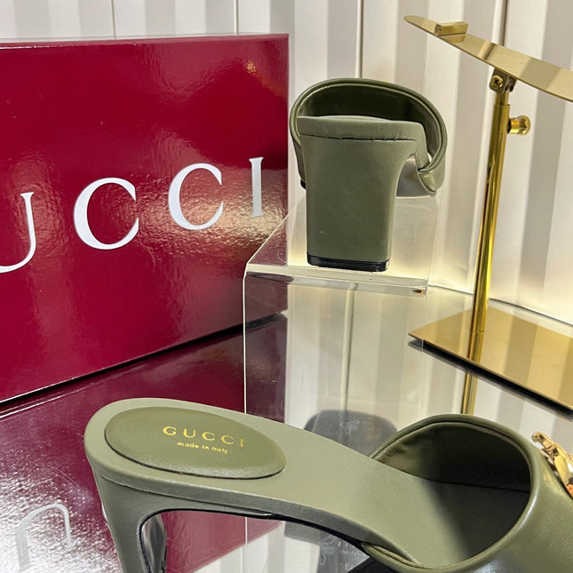 GUCCI 26S HIGH-HEELED SANDALS 45 MM IN MOSS GREEN CALFSKIN