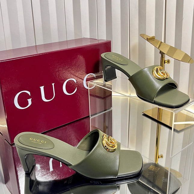 GUCCI 26S HIGH-HEELED SANDALS 45 MM IN MOSS GREEN CALFSKIN