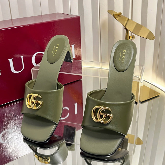 GUCCI 26S HIGH-HEELED SANDALS 45 MM IN MOSS GREEN CALFSKIN