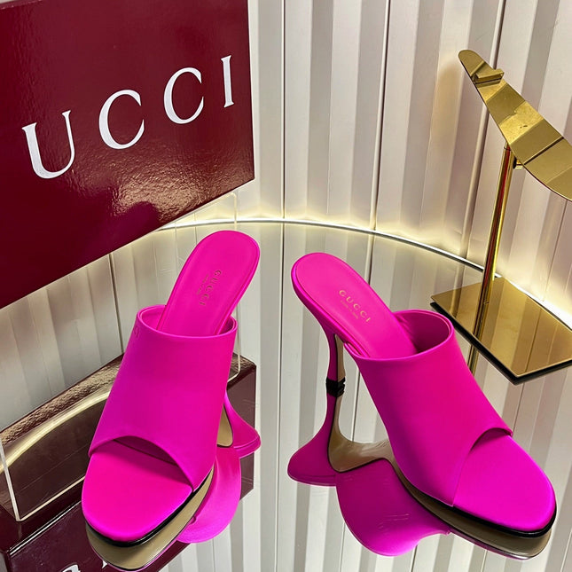 GUCCI 26S HIGH-HEELED SANDALS 100 MM IN DARK PINK SATIN