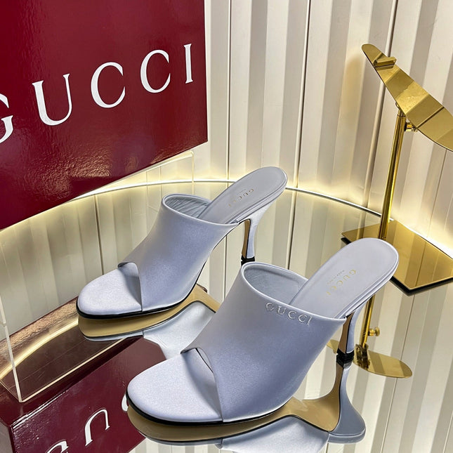 GUCCI 26S HIGH-HEELED SANDALS 100 MM IN GRAYISH BLUE SATIN