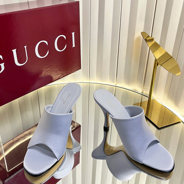 GUCCI 26S HIGH-HEELED SANDALS 100 MM IN GRAYISH BLUE SATIN