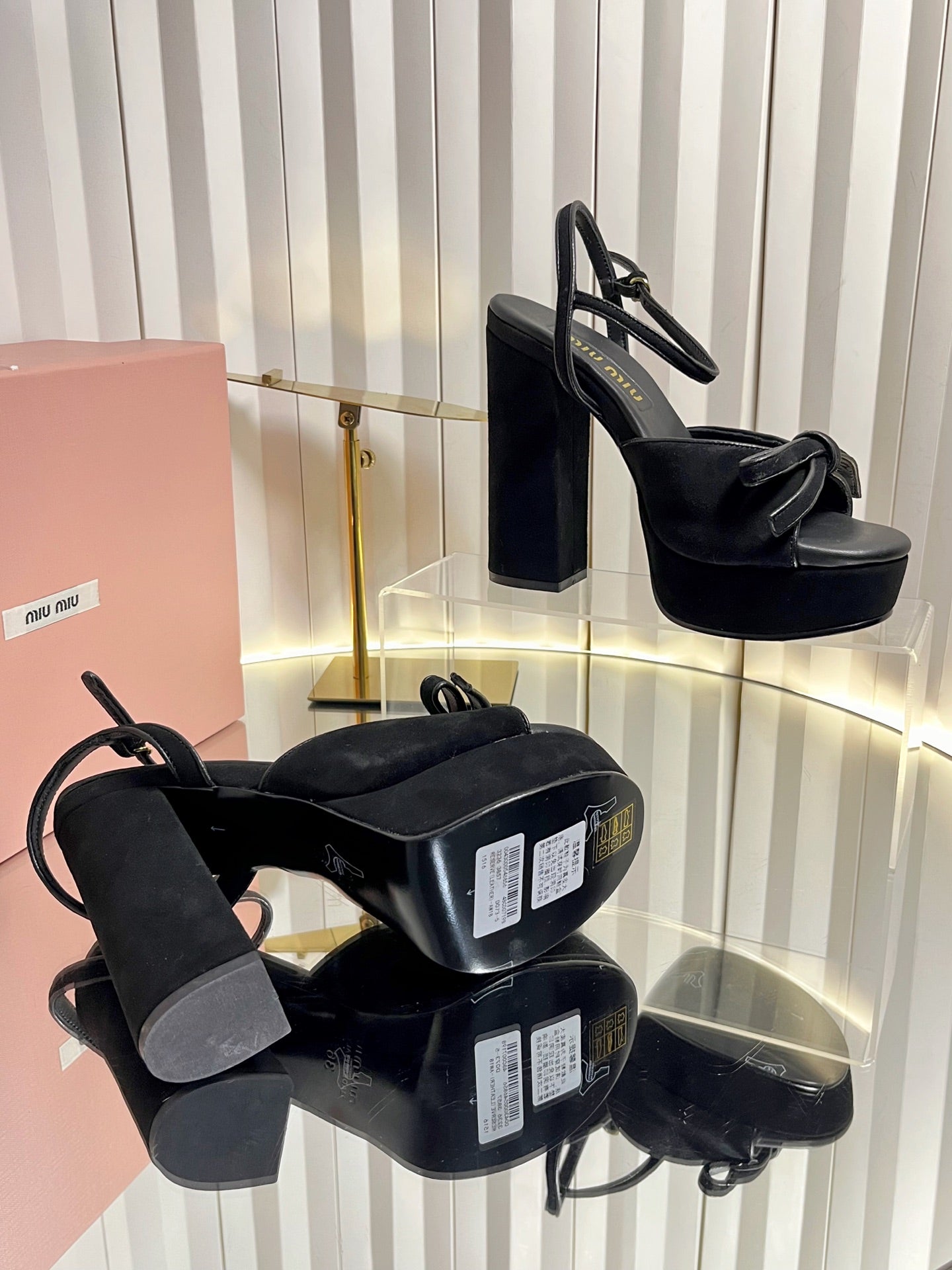 MIUMIU 26S PLATFORM ANKLE STRAP SANDALS 120MM IN BLACK SUEDE WITH BOW