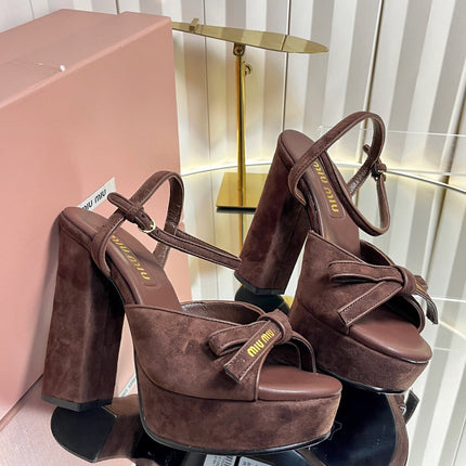 MIUMIU 26S PLATFORM ANKLE STRAP SANDALS 120MM IN DARK BROWN SUEDE WITH BOW