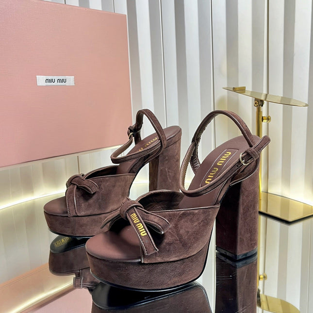 MIUMIU 26S PLATFORM ANKLE STRAP SANDALS 120MM IN DARK BROWN SUEDE WITH BOW