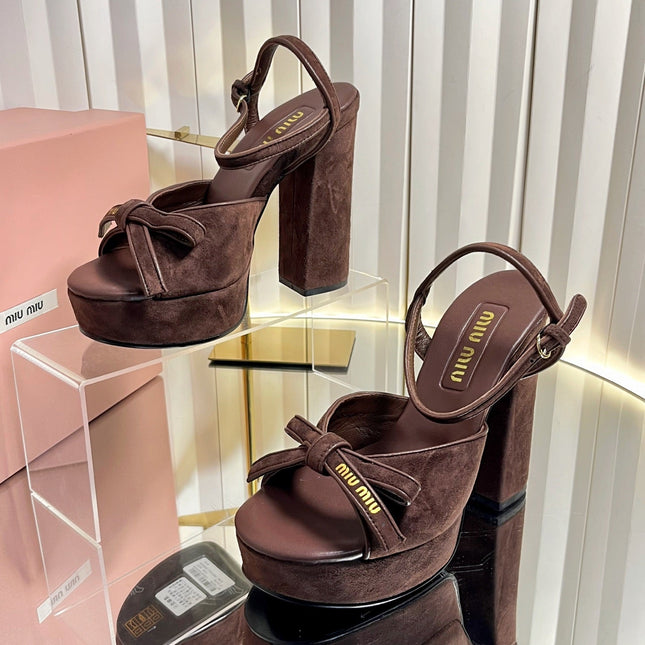 MIUMIU 26S PLATFORM ANKLE STRAP SANDALS 120MM IN DARK BROWN SUEDE WITH BOW