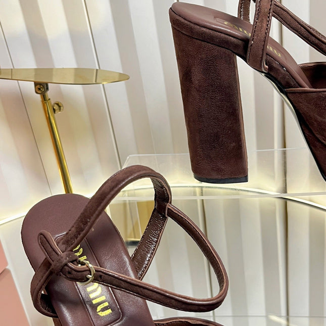 MIUMIU 26S PLATFORM ANKLE STRAP SANDALS 120MM IN DARK BROWN SUEDE WITH BOW
