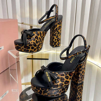 MIUMIU 26S PLATFORM ANKLE STRAP SANDALS 120MM IN LEOPARD PRINT CALF HAIR WITH BOW