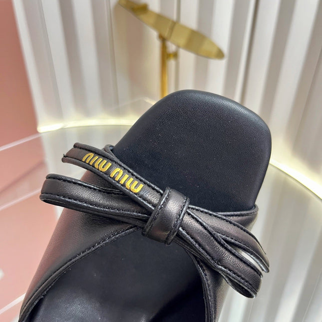 MIUMIU 26S MULE SANDALS 55MM IN BLACK CALFSKIN WITH BOW