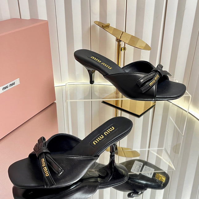 MIUMIU 26S MULE SANDALS 55MM IN BLACK CALFSKIN WITH BOW