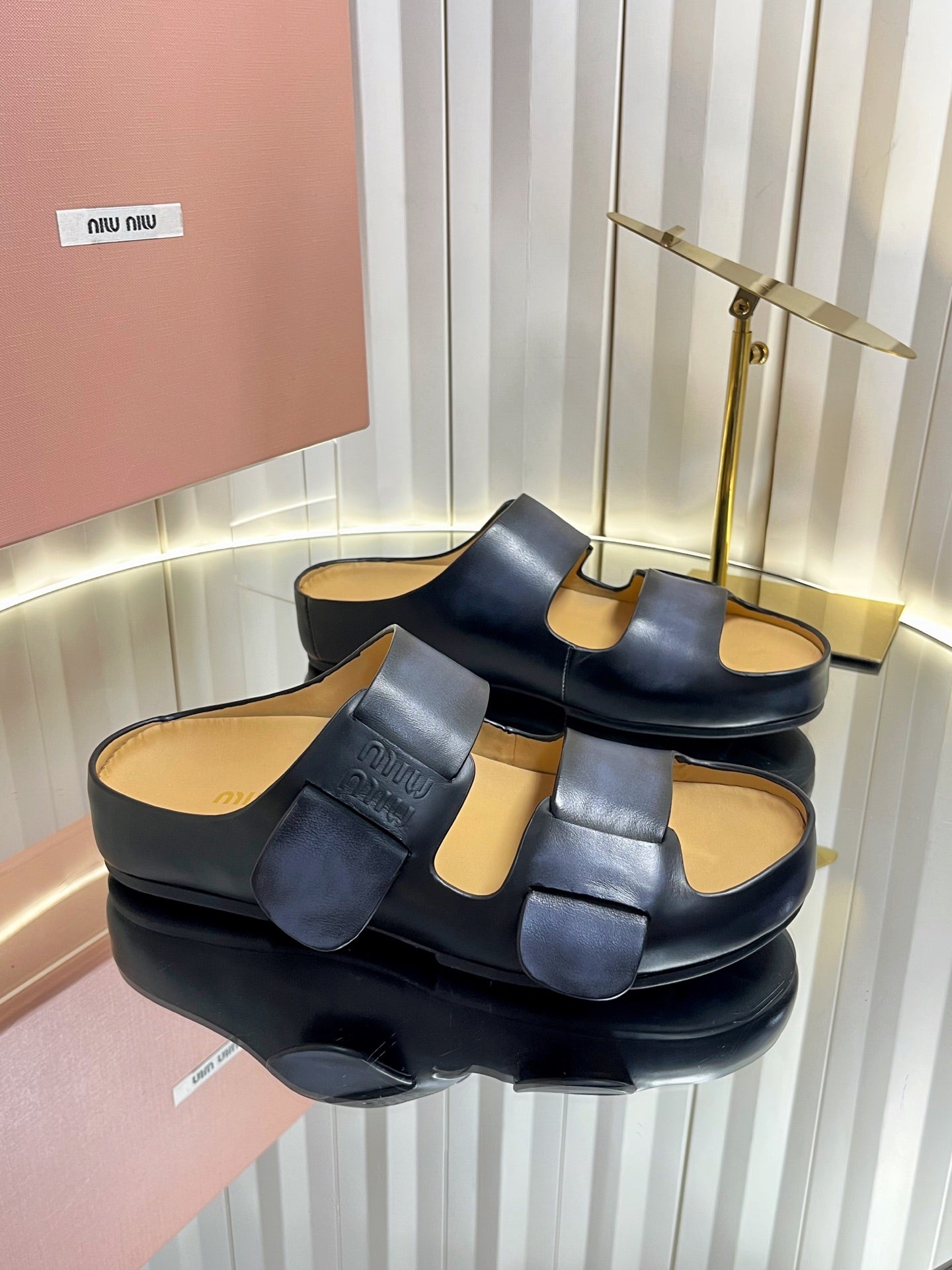 MIUMIU 26S DOUBLE-STRAP SLIDES IN BLACK CALFSKIN