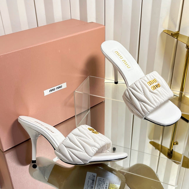MIUMIU 26S HIGH-HEEL MULE SANDALS 85MM IN WHITE CALFSKIN GOLD HARDWARE