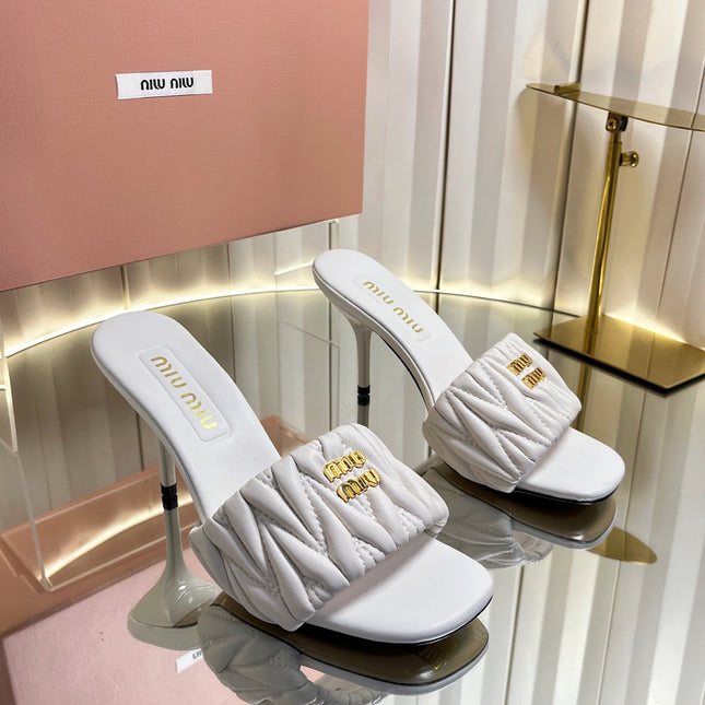 MIUMIU 26S HIGH-HEEL MULE SANDALS 85MM IN WHITE CALFSKIN GOLD HARDWARE