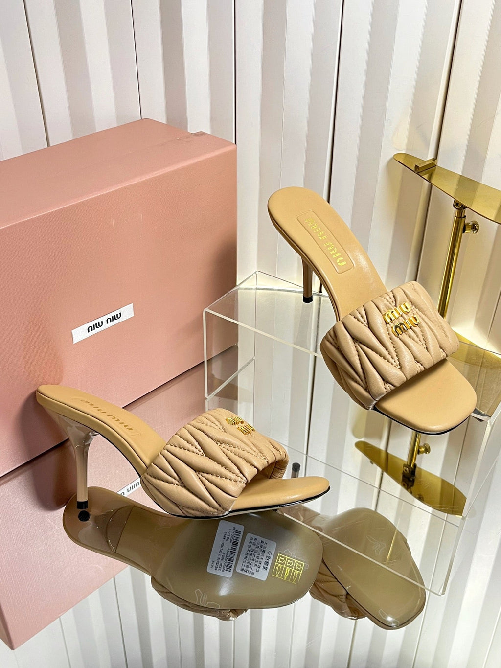 MIUMIU 26S HIGH-HEEL MULE SANDALS 85MM IN BEIGE CALFSKIN GOLD HARDWARE