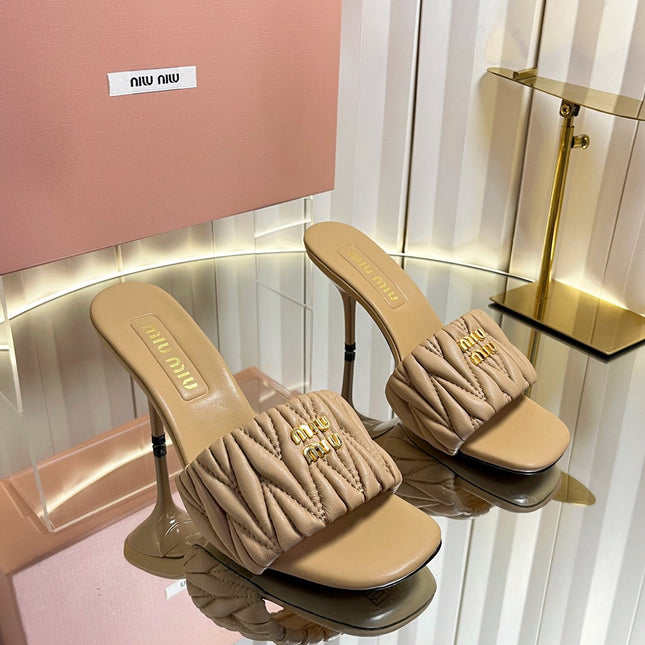 MIUMIU 26S HIGH-HEEL MULE SANDALS 85MM IN BEIGE CALFSKIN GOLD HARDWARE