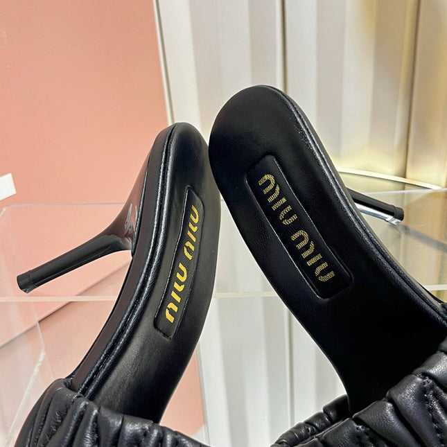 MIUMIU 26S HIGH-HEEL MULE SANDALS 85MM IN BLACK CALFSKIN GOLD HARDWARE