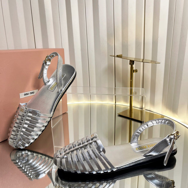 MIUMIU 26S SLINGBACK SANDALS IN SILVER CALFSKIN