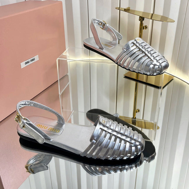 MIUMIU 26S SLINGBACK SANDALS IN SILVER CALFSKIN