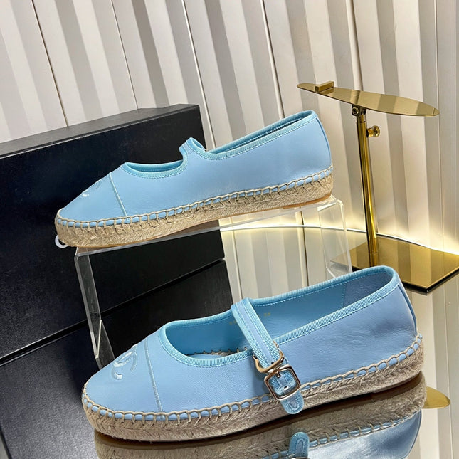 CHANEL 26S ESPADRILLE MARY JANE SHOES IN BLUE LAMBSKIN