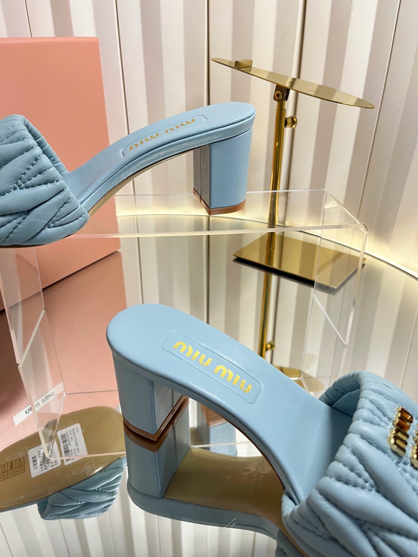 MIUMIU 26S PADDED MATELASSE MULE HEELS 65MM IN LIGHT BLUE CALFSKIN GOLD HARDWARE