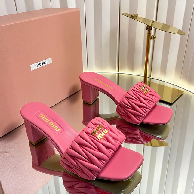 MIUMIU 26S PADDED MATELASSE MULE HEELS 65MM IN PINK CALFSKIN GOLD HARDWARE