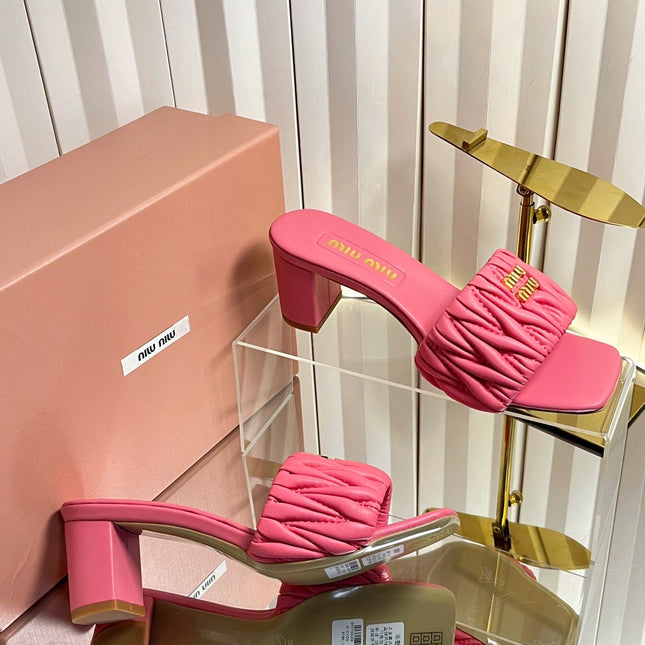 MIUMIU 26S PADDED MATELASSE MULE HEELS 65MM IN PINK CALFSKIN GOLD HARDWARE