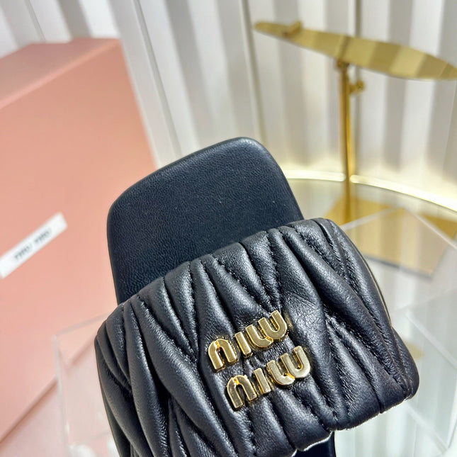 MIUMIU 26S PADDED MATELASSE MULE HEELS 65MM IN BLACK CALFSKIN GOLD HARDWARE