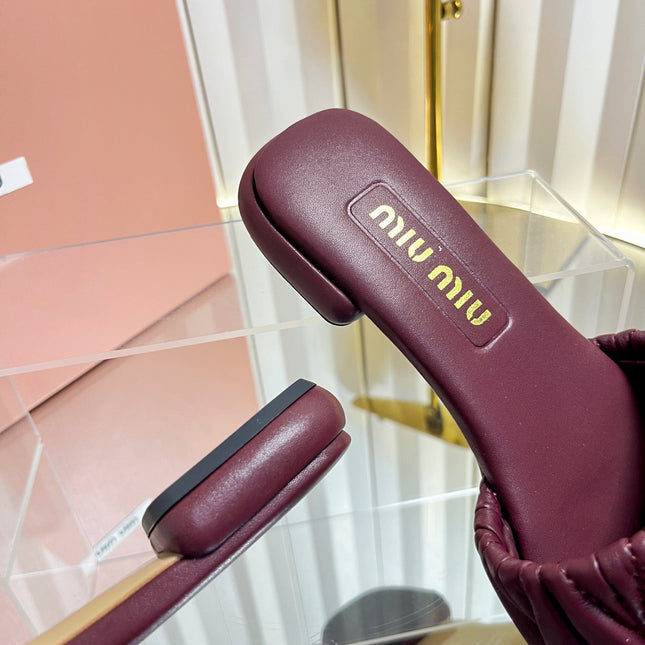 MIUMIU 26S MATELASSE SLIDES IN BURGUNDY RED CALFSKIN GOLD HARDWARE