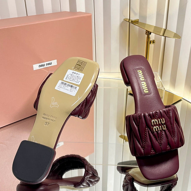 MIUMIU 26S MATELASSE SLIDES IN BURGUNDY RED CALFSKIN GOLD HARDWARE