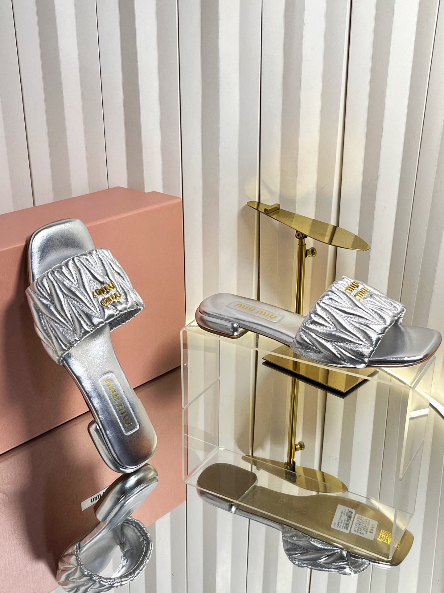 MIUMIU 26S MATELASSE SLIDES IN SILVER CALFSKIN GOLD HARDWARE