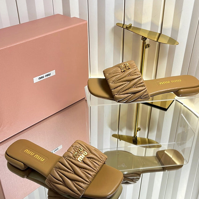 MIUMIU 26S MATELASSE SLIDES IN TAN BROWN CALFSKIN GOLD HARDWARE