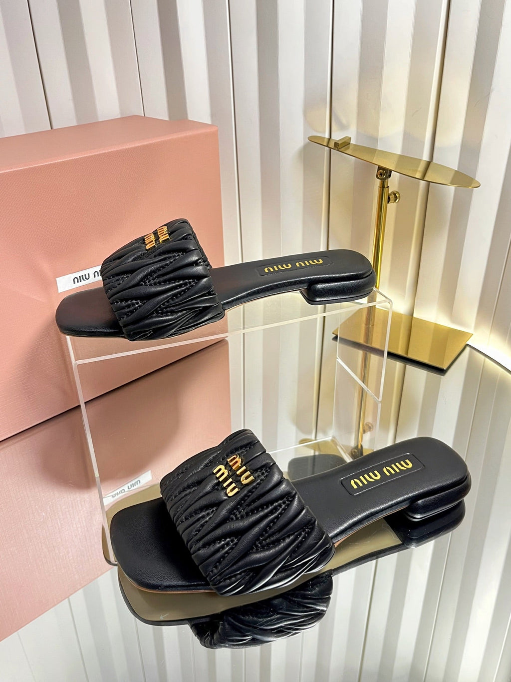 MIUMIU 26S MATELASSE SLIDES IN BLACK CALFSKIN GOLD HARDWARE