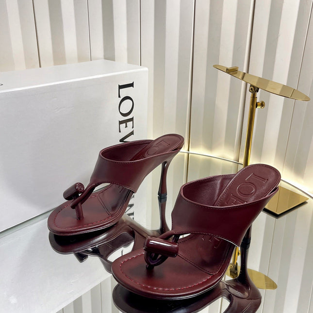 LOEWE 26S HEELED THONG SANDALS 90 MM IN DARK RED CALFSKIN