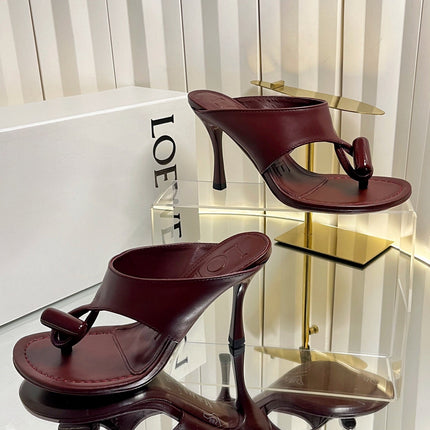 LOEWE 26S HEELED THONG SANDALS 90 MM IN DARK RED CALFSKIN