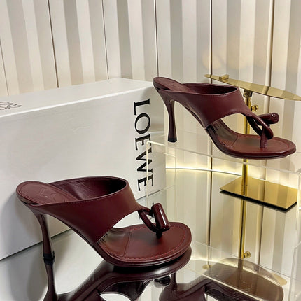 LOEWE 26S HEELED THONG SANDALS 90 MM IN DARK RED CALFSKIN