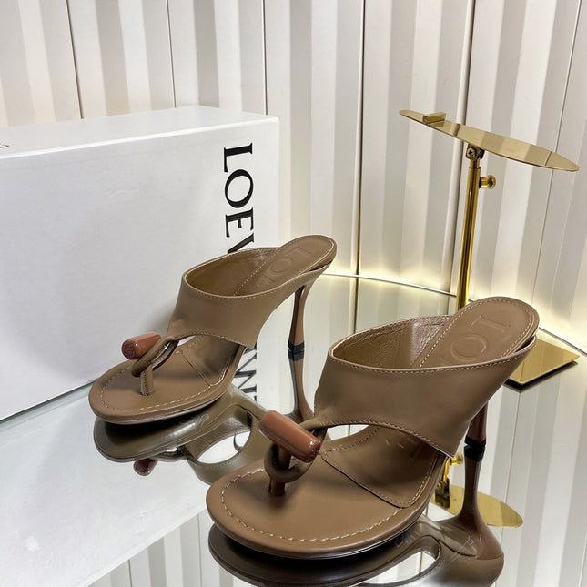 LOEWE 26S HEELED THONG SANDALS 90 MM IN CAMEL BROWN CALFSKIN
