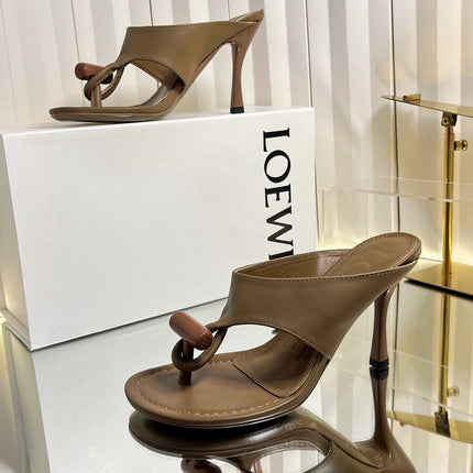 LOEWE 26S HEELED THONG SANDALS 90 MM IN CAMEL BROWN CALFSKIN