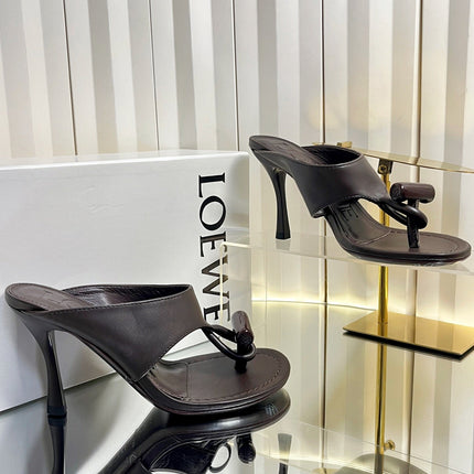LOEWE 26S HEELED THONG SANDALS 90 MM IN DARK BROWN CALFSKIN